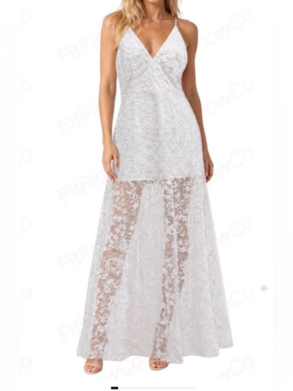 Xscape 3D Floral Lace Maxi Dress sz 14 White Bridal Sequin Applique cocktail